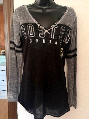 Women's Grey & Black Boston Bruins V-Neck Long Sleeve T-Shirt Top — Medium